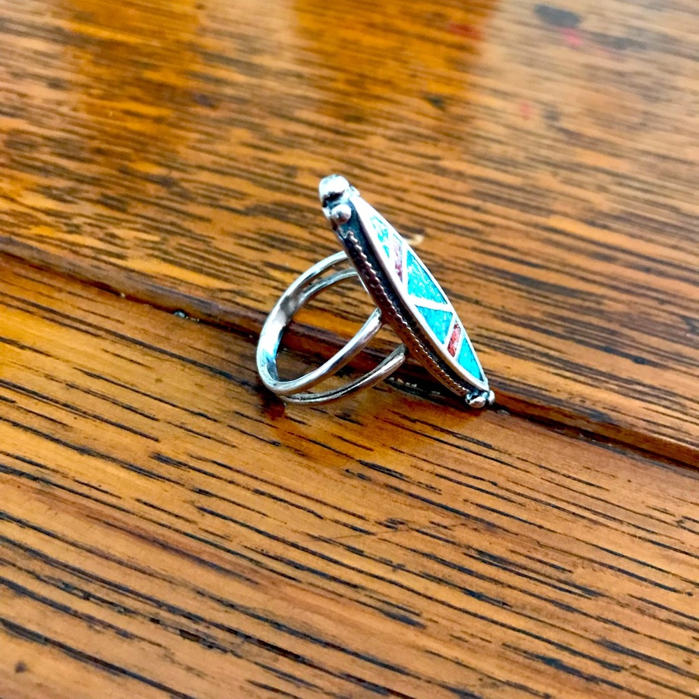 Turquoise and Coral Inlay Sterling Silver Marquise Ring - Picture 3 of 4